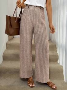 Easowa Zip-Up Half Open Collar Straight Leg Pants, Woven Striped Textured Fabric, Casual Relaxed Elegant Commute Vintage Resort Style Women Long Trousers, Spring/Summer Wide Legged Trousers For Women Wide Leg Trousers Petie Wide Leg Trousers Pants Wide Leg - Multicolor - View 3