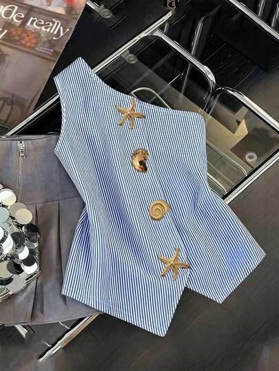 Franclia 蓝色条纹不对称肩部收腰金属扣海星装饰女式上衣