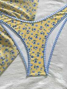 Swim Mod 女士三件套热带碎花吊带系带网纱裙比基尼套装，休闲沙滩派对 - 彩色 - 查看 5