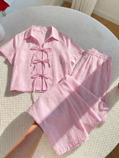 Conjunto de Camisa Corta con Lazos y Pantalones Anchos de Alto Talle