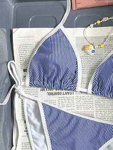 Swim Basics 女士热带条纹印花两件套泳衣，休闲度假装 - 彩色 - 查看 5