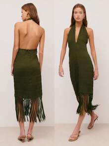Nöista 橄榄绿露背连衣裙，采用纹理面料，交叉领口设计，流苏下摆。适合夏季、波西米亚风、晚装、春季和节日穿着。 - 軍綠色 - 查看 5