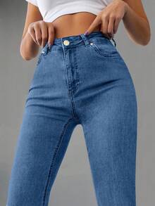 EURMUSE 98%Cotton Slim Fit Flared Jeans - Dusty Blue - View 4