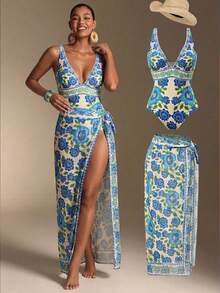 Swim Oasis 一套女士印花连体泳衣，含配套罩裙，适合海滩度假 - 彩色 - 查看 1