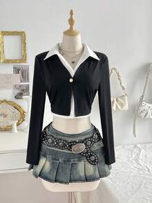 Lalippa Women's 2 In 1 Single-Breasted Long Sleeve Casual Shirt - Black and White - View 6