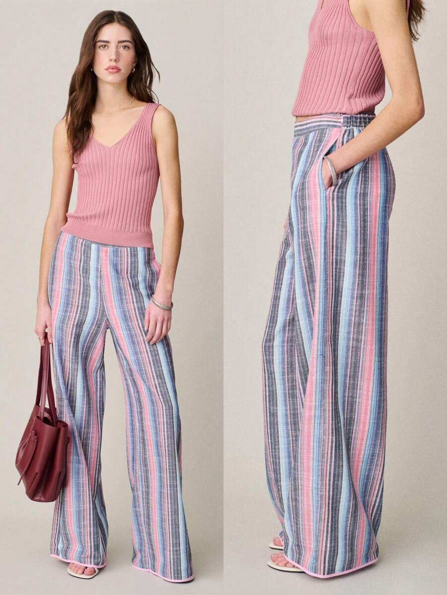 Nöista Pantalones de pierna ancha con rayas verticales y cintura elástica. Verano, primavera - Azul - Ver 1