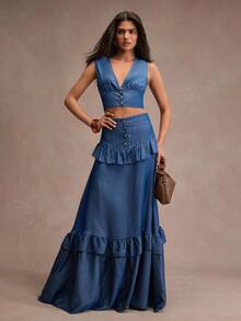 CLARA VERO Denim Ruffle Hem Button Front Vest And Maxi Skirt Set, Slim Fit, Perfect For Street Style, Weekend Brunch, Or Casual Summer Events, Made Of Soft Non-Elastic 100% Polyester Fabric - Dark Wash - View 2