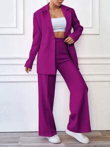 EURMUSE Women's Solid Color Notched Collar Single-Breasted Long Sleeve Jacket And Wide-Leg Pants Casual Office Suit Set - Hot Pink - View 3
