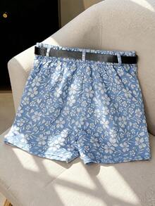 Franclia Pantalones cortos casuales con cinturón y pliegues con estampado floral diminuto para mujer, pantalones cortos de verano, pantalones cortos de primavera lindos para mujer, pantalones cortos de verano para mujer, pantalones cortos de mujer de verano, ropa de verano, pantalones cortos de mujer de verano - Azul - Ver 2