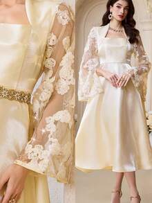 Modelyn Vestido de fiesta elegante para mujer con parches de lentejuelas, mangas de malla transparente y cintura ceñida, de tela de satén - Albaricoque - Ver 2