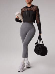 Dewbera Hollow-Out Patchwork Cropped Sweatshirt - Black - View 5