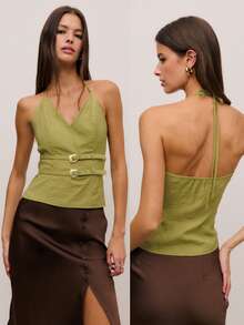 Nöista A Light Mustard Green Linen Halter-Neck V-Neck Top With Double-Breasted Metal Buttons. The Textured Fabric Is Easy To Pair With Skirts And Wide-Leg Pants, Showcasing Feminine Elegance. - Mustard Yellow - View 1