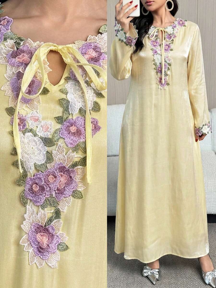 Yasmyna Damen Kleid mit floraler Stickerei, Twist-Detail, eleganter Langarm, weite Form - Aprikosenfarben - Übersicht 1