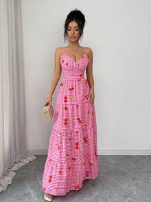 Rafferiza Summer Casual Cute Vacation Cinched Waist Flared Cherry Pink Camisole Dress Summer Dress Women Cherry Dress Women - Pink - View 5