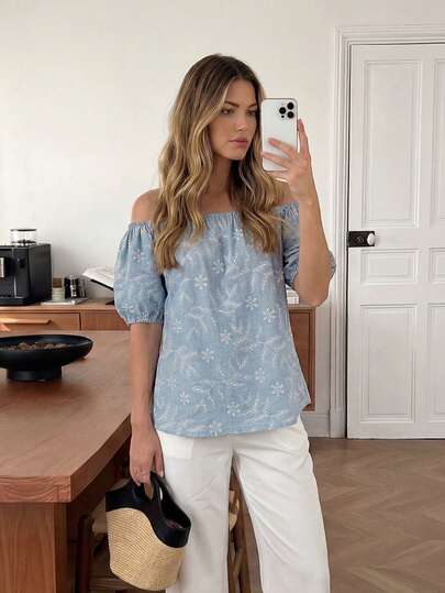 Easowa Off Shoulder Lantern Sleeve Shirt, Floral Embroidery Jacquard Texture Fabric, Casual Relaxed Elegant Commute Vintage Resort Style Women Blouse, Spring/Summer