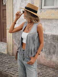 Brillora Fringe Trim Open Front Vest Summer Jacket In Fall/Winter Fringe Tops For Women Boho Tops For Women Boho Summer Tops Fringe Top Tassel Top - Grey - View 4