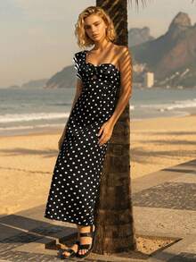 CAJUNI Vestido elegante de moda con ajuste ceñido, estampado de lunares y mangas con volantes para vacaciones de mujer - Blanco y Negro - Ver 4