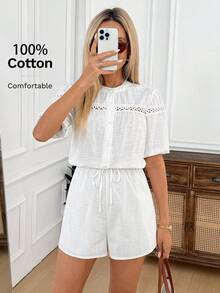 Easowa White Summer Casual Elegant Brunch Women's 100% Cotton Jumpsuit,Stand Collar Puff Sleeve Lace Patchwork Half-Open Button Drawstring Waist Flare Leg - White - View 6