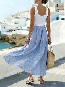 Breezaya 女士休闲条纹前扣A字裙 - 藍色 - 查看 3