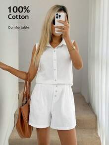 100% Cotton Casual Loose Elegant Commuter Vacation 2 Pieces Set: Collared Button-Front Sleeveless Shirt And Elastic Waist Pocket Wide Leg Shorts, Spring/Summer Casual Summer Outfits Women Cotton Women's Clothes Causal Dresses For Women Summer Casual Outfits For Women Casual Outfit For Women Dress Women Vacation Outfit Sets Women Casual Outfits Women's Summer Outfits Women's Summer Co Ord Casual Dresses For Women Casual Summer Dress Coords For Women Summer Outfit Linen Sets For Women Vacation - White - View 4