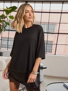 Hauture Women's Loose Casual Lace Patchwork Asymmetrical Hem T-Shirt, Summer - Black - View 4