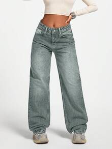 LOW WAIST CASUAL STYLE DENIM STRAIGHT - Teal Blue - View 5
