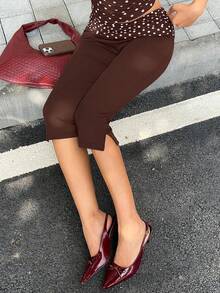 MainGRL Pink Polka Dot Side Slit Casual Slim Fit Brown 7/8 Pants, Women, New Year Casual Wear - Multicolor - View 7