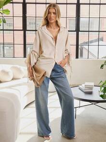 Hauture Cămașă cu mânecă lungă pentru femei, cu manșetă reglabilă în dungi, potrivită pentru toate anotimpurile - Bej - Vizualizare 4