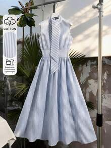 Franclia Women's Casual Commuter Striped Sleeveless Dress, Summer - Blue - View 2