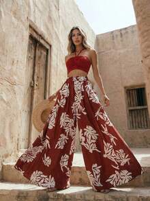 Breezaya 女士时尚优雅休闲度假复古吊带抽绳印花度假弹力腰阔腿裤两件套 - 彩色 - 查看 7