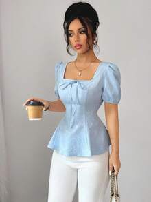 Elenzga 全新女式时尚百搭法式蝴蝶结高端泡泡袖独特优雅提花面料衬衫 - 淺藍色 - 查看 2