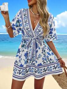 Swim Vcay Women's Summer Beach Bohemian Vacation Placement Print V-Neck Batwing Sleeve Elastic Waist Bow Decor Waist Belt Vacation Chiffon Dress,Elegant Dresses, Easter Dresses, Casual Dresses, Vacation Dresses, Country-Style Dresses, Holiday Dresses, Blue Dresses, Summer Beachwear,Women's Floral Dress, Spring Summer Picks, Clothes For Ladies - Blue - View 5