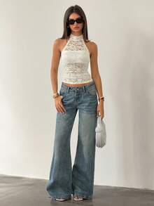 Bluhae New Summer Sexy Embossed Lace Sleeveless Tank Top For Women - Beige - View 5