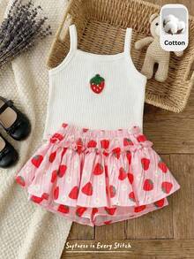 Cozy Pixies Baby Girl Strawberry Pattern Knit Soft Camisole Top And Elastic Waist Skirt 2 Pieces Set Strawberry Skirt Set Toddler Girl Outfit Strawberry Toddler Outfit Baby Skirt Set Strawberry Baby Outfit Strawberry Baby Girl Clothes Toddler Strawberry Clothes Strawberry Outfit For Baby Girl - Multicolor - View 2