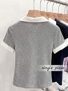 Resyla Summer Romantic, Elegant, Office Commute, Casual Color Block Shirt Collar Short Sleeve Top - Grey - View 3