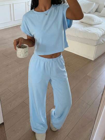 CovetEZ Blue Knit Women's Casual Homewear Set, Minimalist Fashion Top And Pants For Everyday Wear