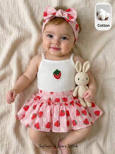 Cozy Pixies Baby Girl Strawberry Pattern Knit Soft Camisole Top And Elastic Waist Skirt 2 Pieces Set Strawberry Skirt Set Toddler Girl Outfit Strawberry Toddler Outfit Baby Skirt Set Strawberry Baby Outfit Strawberry Baby Girl Clothes Toddler Strawberry Clothes Strawberry Outfit For Baby Girl