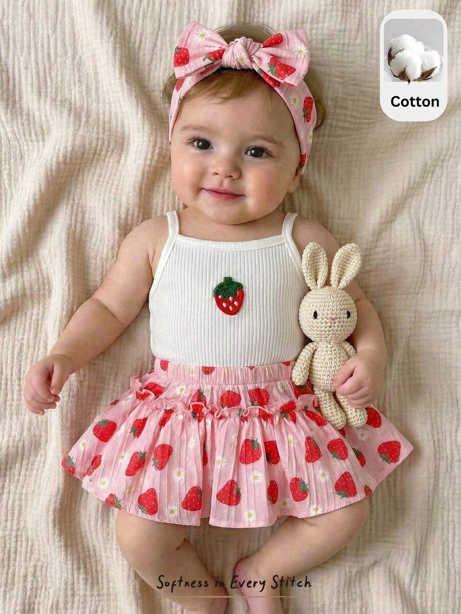 Cozy Pixies Baby Girl Strawberry Pattern Knit Soft Camisole Top And Elastic Waist Skirt 2 Pieces Set Strawberry Skirt Set Toddler Girl Outfit Strawberry Toddler Outfit Baby Skirt Set Strawberry Baby Outfit Strawberry Baby Girl Clothes Toddler Strawberry Clothes Strawberry Outfit For Baby Girl - Multicolor - View 1
