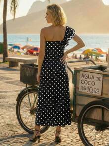 CAJUNI Vestido elegante de moda con ajuste ceñido, estampado de lunares y mangas con volantes para vacaciones de mujer - Blanco y Negro - Ver 2