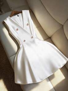 GlowEve Sleeveless Blazer Collar Pearl Button Waist A-Line Mini Dress, Elegant Chic Slimming Mature Style Little Black Dress - White - View 1