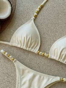 Swim Vcay Solid Color Fabric, Metal Beaded Decor, Elegant Resort Women Swimwear Set - Apricot - View 8