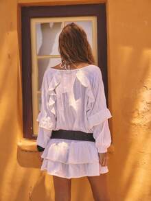 Aralina Ruffle Frill Lace Sheer Summer Spring Swim Vacation Beach Cover Up Mini Dress Sexy - White - View 2