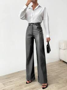 EURMUSE Quần giả da dáng rộng, cạp cao, khóa kéo, kiểu dáng thanh lịch - Xám - Xem 6