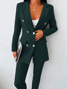 SHEIN Women's Army Green Color Long Sleeve Lapel Collar Commuting Blazer With Button Details And Pocket And Suit Pants With Belt, Suit Set - Dark Green - View 5