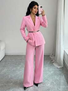 Rafferiza Bộ đồ nữ công sở màu trơn, áo khoác và quần, kiểu dáng thường ngày, thích hợp đi làm. - Màu Hồng baby - Xem 3