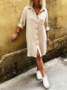 SHEIN Women's Solid Color Cuffed Sleeve Single-Breasted Casual Mid-Length Shirt - Apricot - View 5