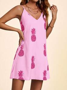 Coeurva Đầm hai dây in hình quả dứa, phong cách thường ngày cho kỳ nghỉ. - Hồng - Xem 5