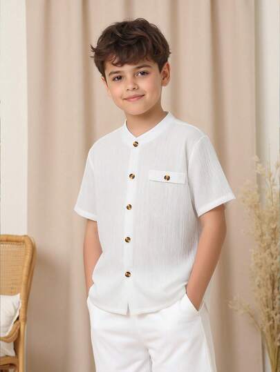 男童休闲纹理梭织衬衫，适合夏季、通勤、上学、外出、聚会等各种场合。