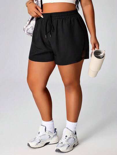 Rhythm Era Plus Size Women Sports Yoga Outdoor Gym Shorts, Mesh Patchwork Waistband With Drawstring