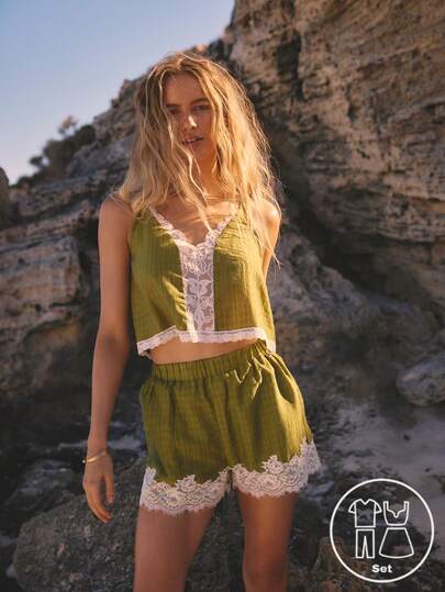 Aralina Two Pieces Vacation Lace Trim Festival Texture Summer Spring Swim Beach Cover Up Cami Short 2 Pieces